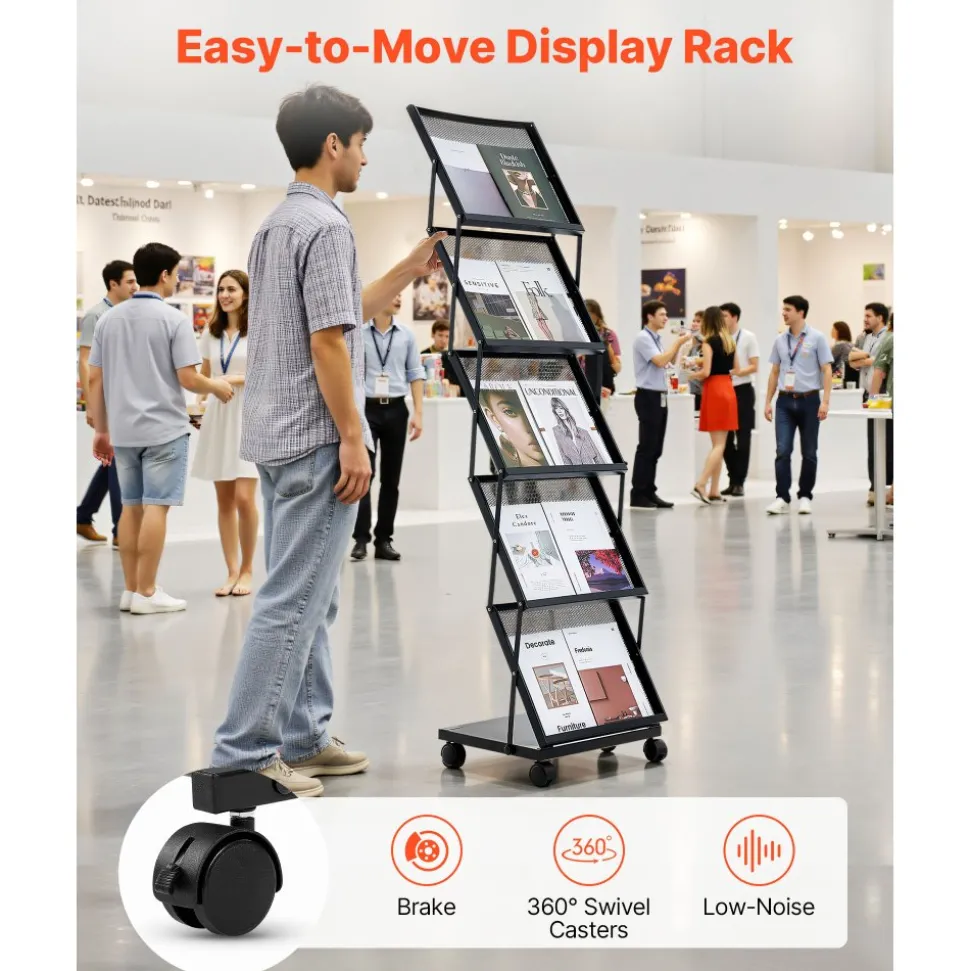 VEVOR Brochure Display Rack, Foldable 5 Pockets Magazine Literature Display Stand, Movable Floor Standing Magazine Rack with Wheels, Metal Newspaper Catalog Holders for Shop Exhibitions Office Show