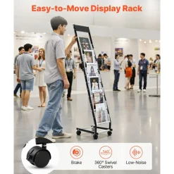 VEVOR Brochure Display Rack, Narrow 6-Tier Magazine Literature Display Stand with Wheels, Metal Floor Standing Magazine Rack, Movable Newspaper Catalog Holders for Shop Exhibitions Office (6 Pockets)