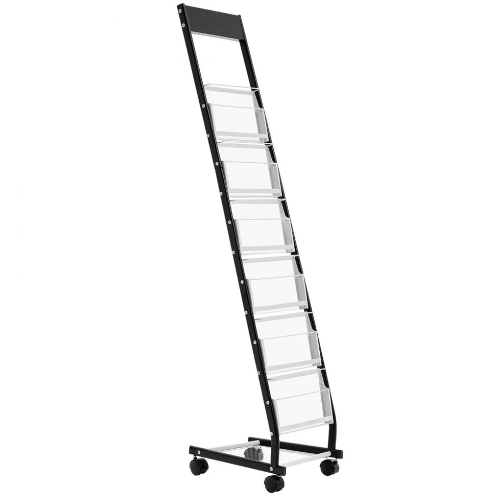 VEVOR Brochure Display Rack, Narrow 6-Tier Magazine Literature Display Stand with Wheels, Metal Floor Standing Magazine Rack, Movable Newspaper Catalog Holders for Shop Exhibitions Office (6 Pockets)