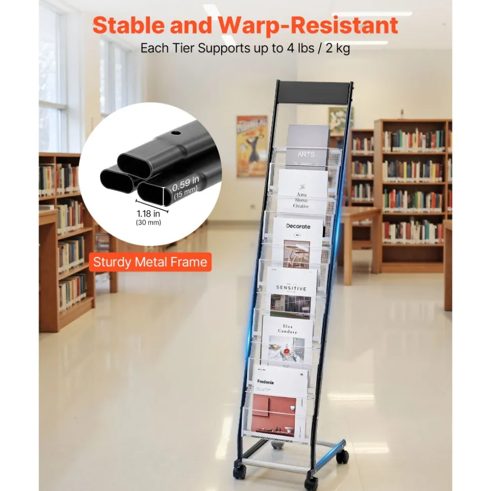 VEVOR Brochure Display Rack, Narrow 6-Tier Magazine Literature Display Stand with Wheels, Metal Floor Standing Magazine Rack, Movable Newspaper Catalog Holders for Shop Exhibitions Office (6 Pockets)