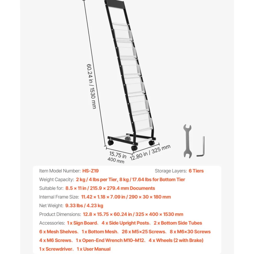VEVOR Brochure Display Rack, Narrow 6-Tier Magazine Literature Display Stand with Wheels, Metal Floor Standing Magazine Rack, Movable Newspaper Catalog Holders for Shop Exhibitions Office (6 Pockets)