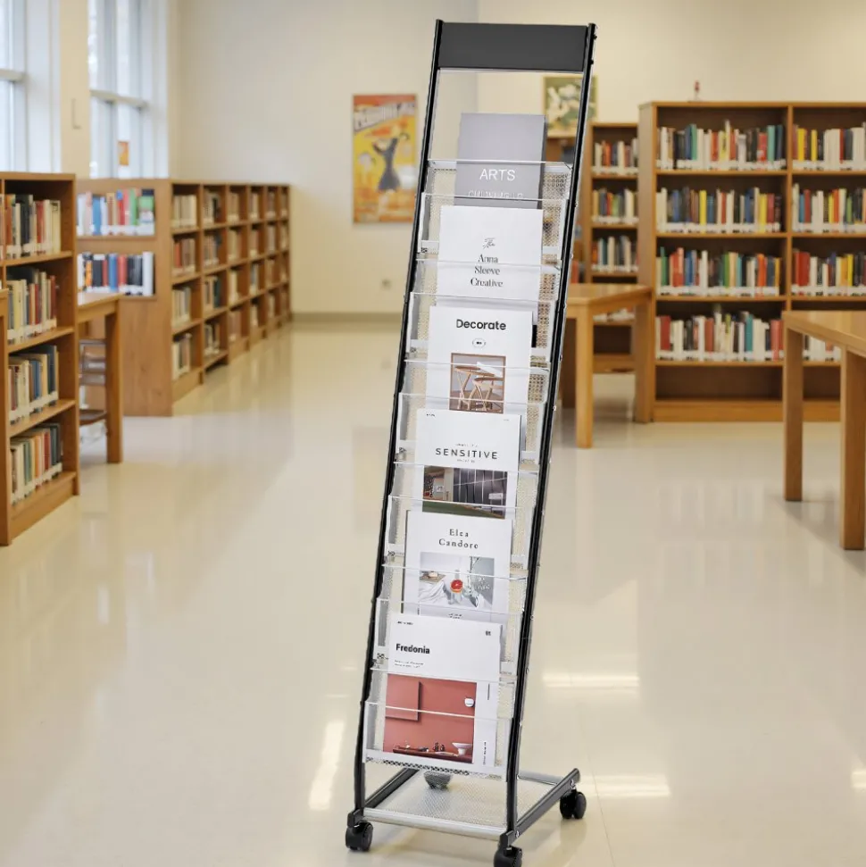 VEVOR Brochure Display Rack, Narrow 6-Tier Magazine Literature Display Stand with Wheels, Metal Floor Standing Magazine Rack, Movable Newspaper Catalog Holders for Shop Exhibitions Office (6 Pockets)
