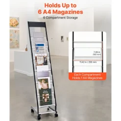VEVOR Brochure Display Rack, Narrow 6-Tier Magazine Literature Display Stand with Wheels, Metal Floor Standing Magazine Rack, Movable Newspaper Catalog Holders for Shop Exhibitions Office (6 Pockets)