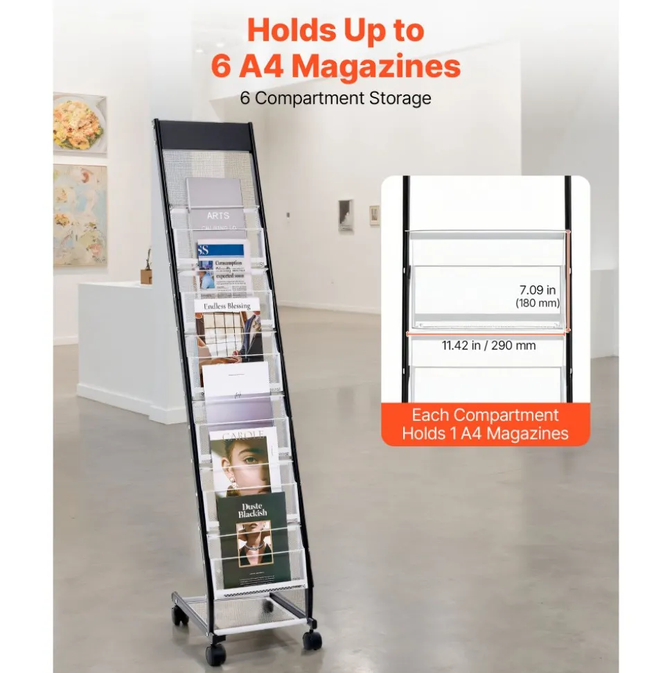 VEVOR Brochure Display Rack, Narrow 6-Tier Magazine Literature Display Stand with Wheels, Metal Floor Standing Magazine Rack, Movable Newspaper Catalog Holders for Shop Exhibitions Office (6 Pockets)