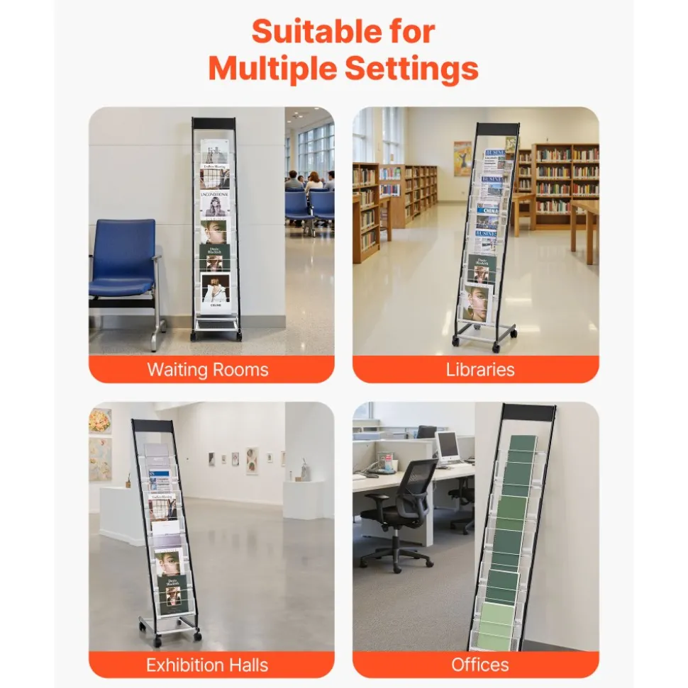 VEVOR Brochure Display Rack, Narrow 6-Tier Magazine Literature Display Stand with Wheels, Metal Floor Standing Magazine Rack, Movable Newspaper Catalog Holders for Shop Exhibitions Office (6 Pockets)