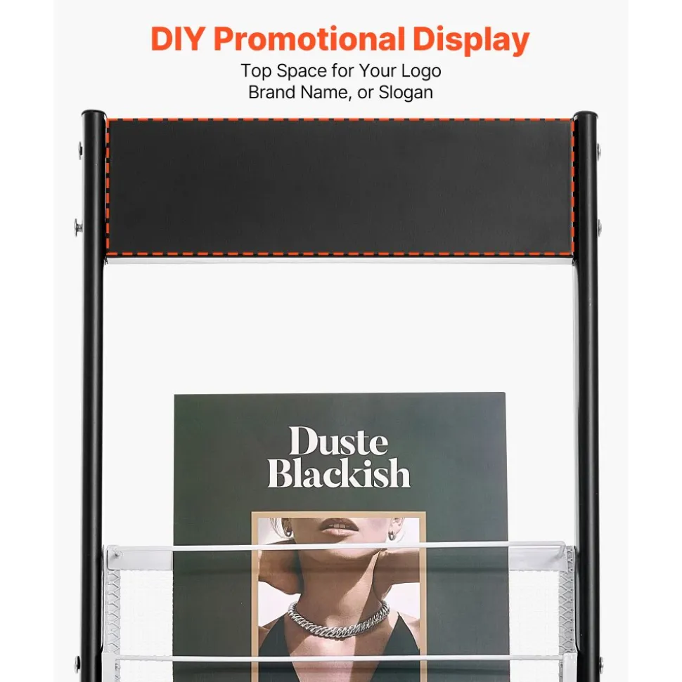 VEVOR Brochure Display Rack, Narrow 6-Tier Magazine Literature Display Stand with Wheels, Metal Floor Standing Magazine Rack, Movable Newspaper Catalog Holders for Shop Exhibitions Office (6 Pockets)