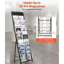 VEVOR Brochure Display Rack, 20 Pockets Magazine Literature Display Stand, Portable Floor Standing Magazine Rack, Metal Newspaper Catalog Holders for Shop, Exhibitions, Office, Trade Show, Black