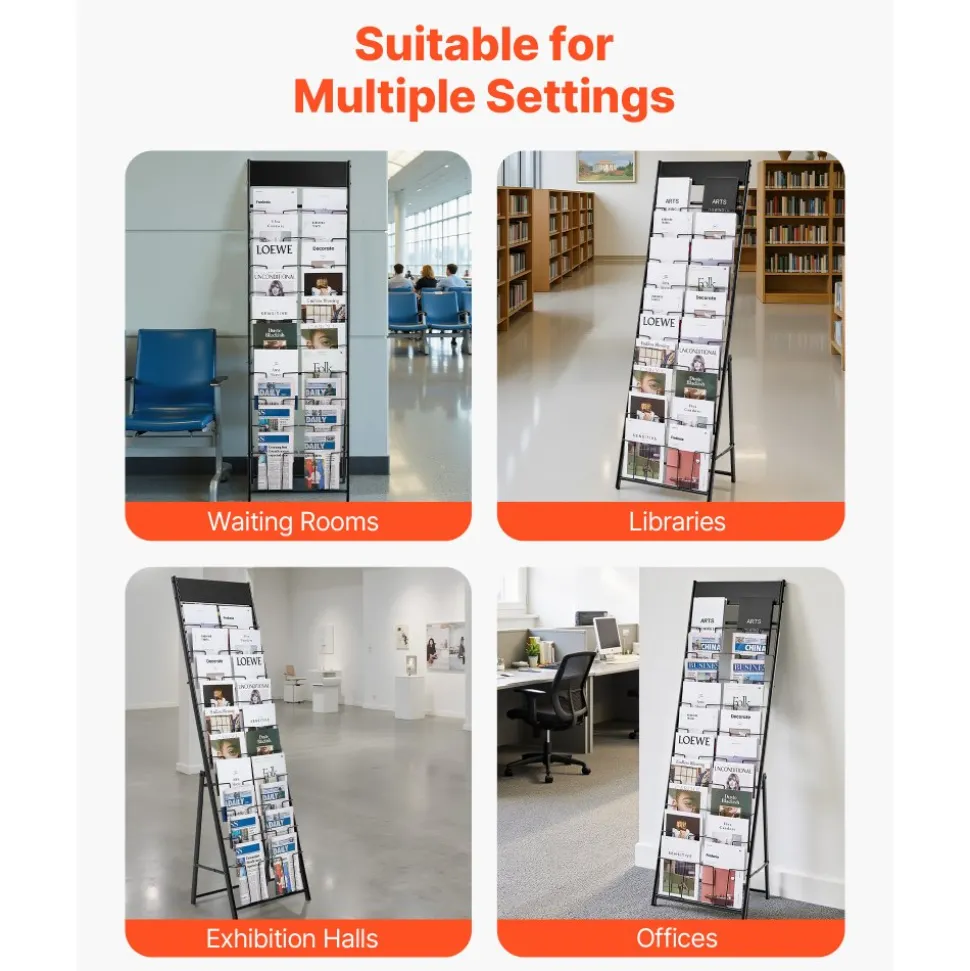 VEVOR Brochure Display Rack, 20 Pockets Magazine Literature Display Stand, Portable Floor Standing Magazine Rack, Metal Newspaper Catalog Holders for Shop, Exhibitions, Office, Trade Show, Black