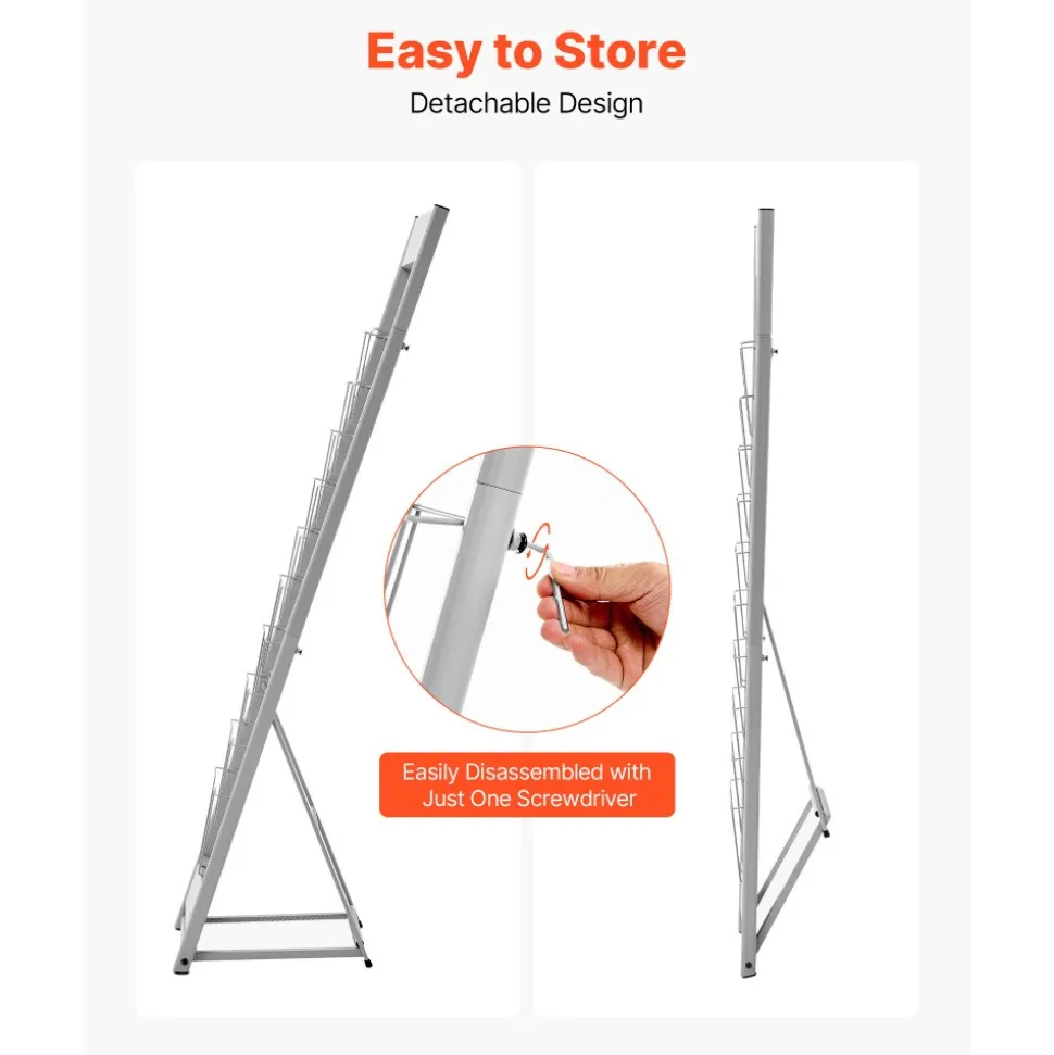 VEVOR Brochure Display Rack, 10 Pockets Magazine Literature Display Stand, Portable Floor Standing Magazine Rack, Metal Newspaper Catalog Holders for Shop, Exhibitions, Office, Trade Show, Silver