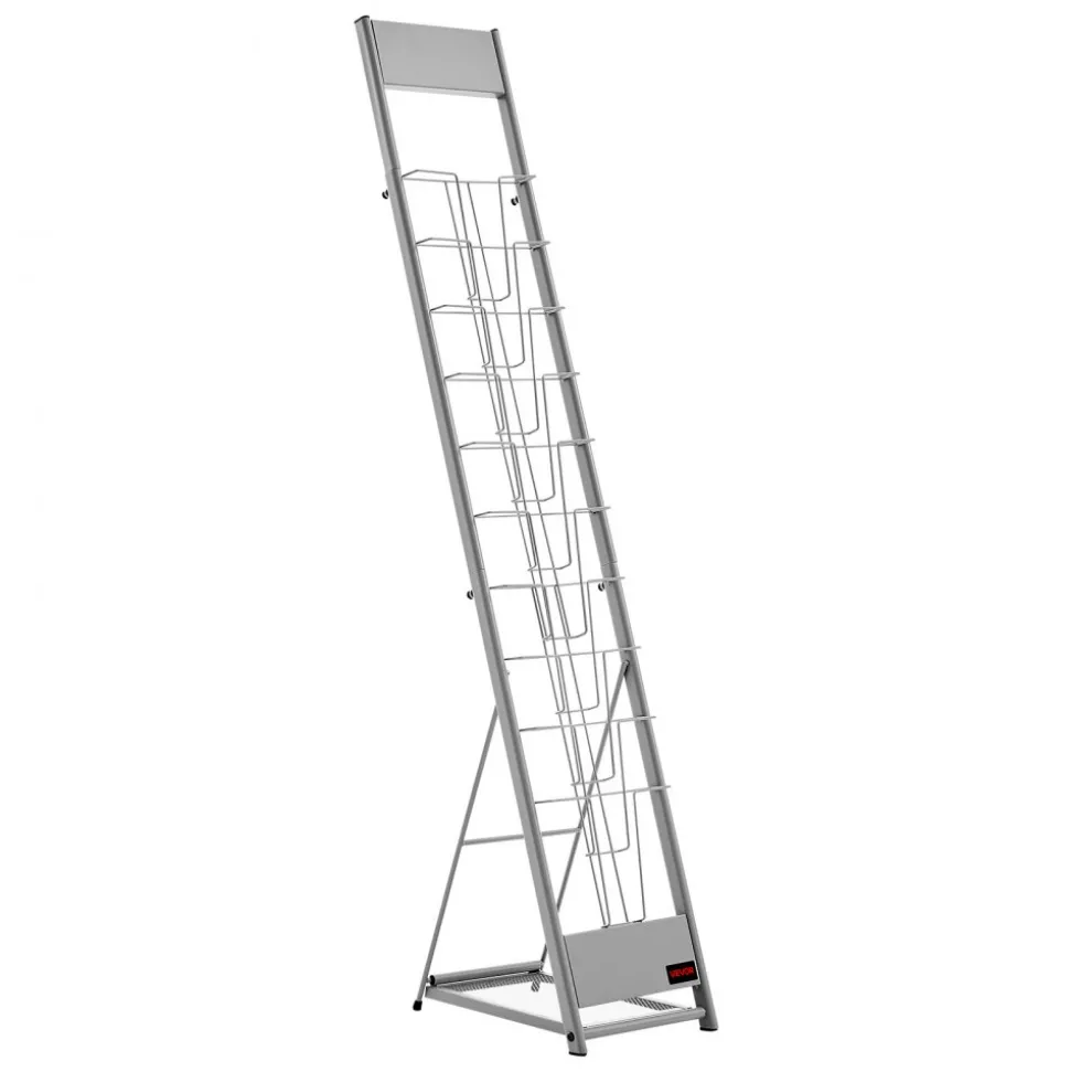 VEVOR Brochure Display Rack, 10 Pockets Magazine Literature Display Stand, Portable Floor Standing Magazine Rack, Metal Newspaper Catalog Holders for Shop, Exhibitions, Office, Trade Show, Silver