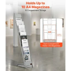 VEVOR Brochure Display Rack, 10 Pockets Magazine Literature Display Stand, Portable Floor Standing Magazine Rack, Metal Newspaper Catalog Holders for Shop, Exhibitions, Office, Trade Show, Silver