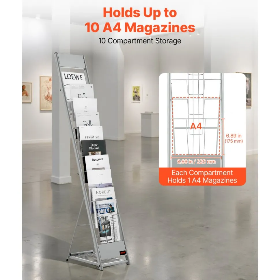 VEVOR Brochure Display Rack, 10 Pockets Magazine Literature Display Stand, Portable Floor Standing Magazine Rack, Metal Newspaper Catalog Holders for Shop, Exhibitions, Office, Trade Show, Silver
