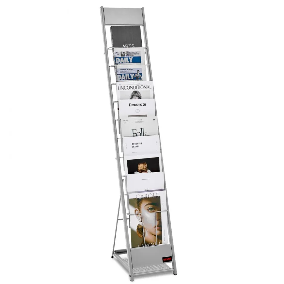 VEVOR Brochure Display Rack, 10 Pockets Magazine Literature Display Stand, Portable Floor Standing Magazine Rack, Metal Newspaper Catalog Holders for Shop, Exhibitions, Office, Trade Show, Silver