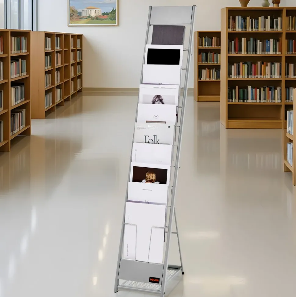VEVOR Brochure Display Rack, 10 Pockets Magazine Literature Display Stand, Portable Floor Standing Magazine Rack, Metal Newspaper Catalog Holders for Shop, Exhibitions, Office, Trade Show, Silver