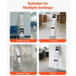 VEVOR Brochure Display Rack, 10 Pockets Magazine Literature Display Stand, Portable Floor Standing Magazine Rack, Metal Newspaper Catalog Holders for Shop, Exhibitions, Office, Trade Show, Silver