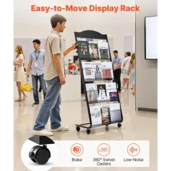 VEVOR Brochure Display Rack, 4-Tier Magazine Literature Display Stand with Wheels, Movable Floor Standing Magazine Rack, Heavy Duty Newspaper Catalog Holders for Shop Exhibitions Office Craft Fairs