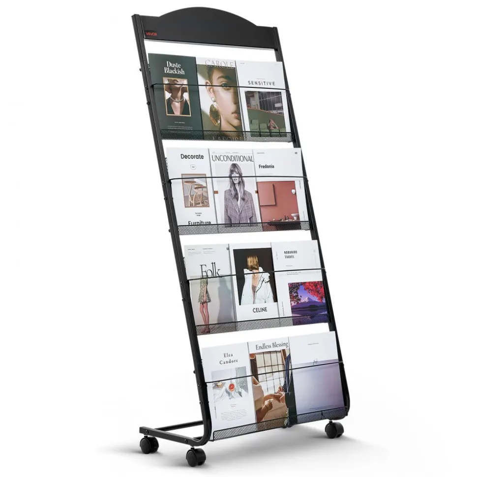 VEVOR Brochure Display Rack, 4-Tier Magazine Literature Display Stand with Wheels, Movable Floor Standing Magazine Rack, Heavy Duty Newspaper Catalog Holders for Shop Exhibitions Office Craft Fairs