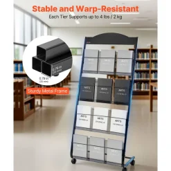 VEVOR Brochure Display Rack, 4-Tier Magazine Literature Display Stand with Wheels, Movable Floor Standing Magazine Rack, Heavy Duty Newspaper Catalog Holders for Shop Exhibitions Office Craft Fairs
