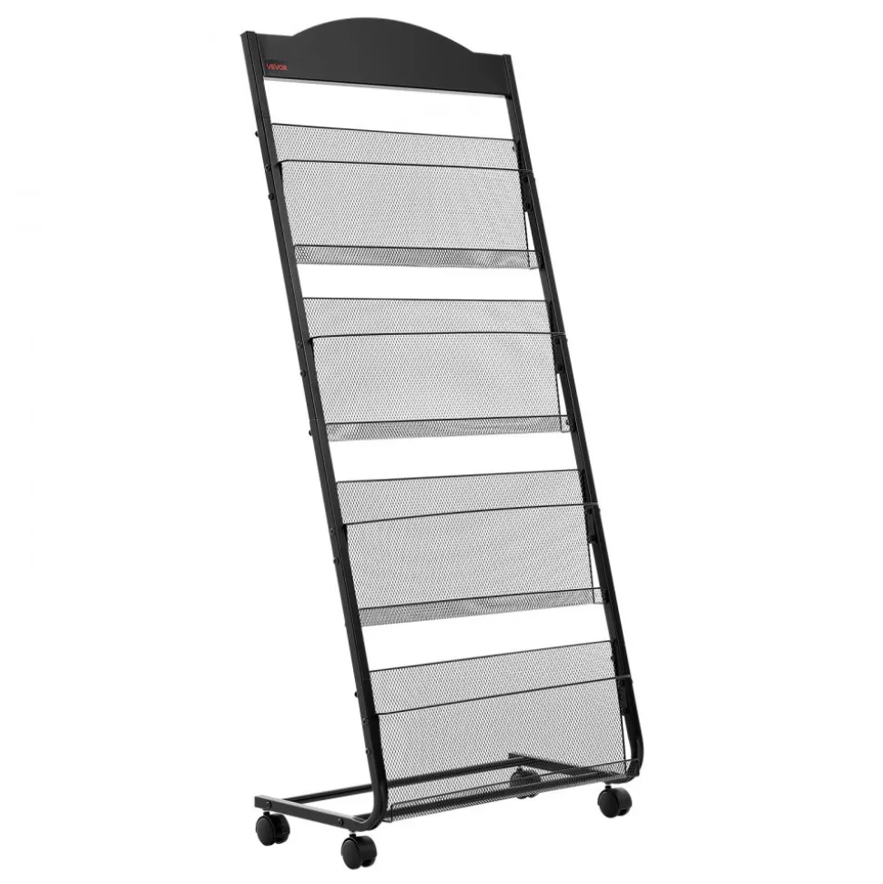 VEVOR Brochure Display Rack, 4-Tier Magazine Literature Display Stand with Wheels, Movable Floor Standing Magazine Rack, Heavy Duty Newspaper Catalog Holders for Shop Exhibitions Office Craft Fairs