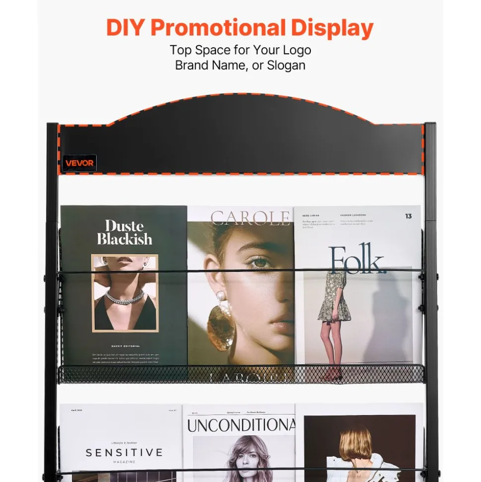 VEVOR Brochure Display Rack, 4-Tier Magazine Literature Display Stand with Wheels, Movable Floor Standing Magazine Rack, Heavy Duty Newspaper Catalog Holders for Shop Exhibitions Office Craft Fairs