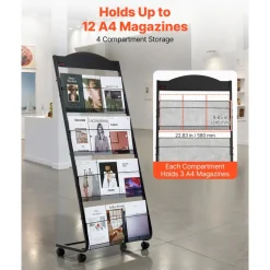 VEVOR Brochure Display Rack, 4-Tier Magazine Literature Display Stand with Wheels, Movable Floor Standing Magazine Rack, Heavy Duty Newspaper Catalog Holders for Shop Exhibitions Office Craft Fairs
