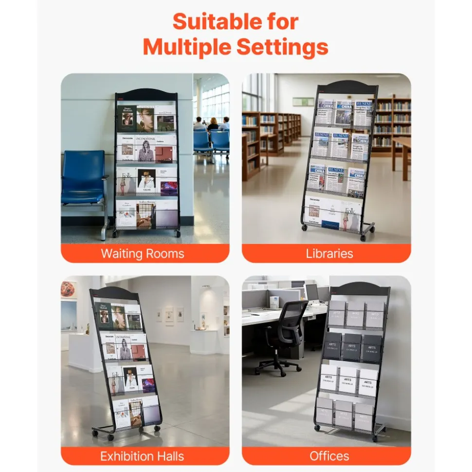VEVOR Brochure Display Rack, 4-Tier Magazine Literature Display Stand with Wheels, Movable Floor Standing Magazine Rack, Heavy Duty Newspaper Catalog Holders for Shop Exhibitions Office Craft Fairs