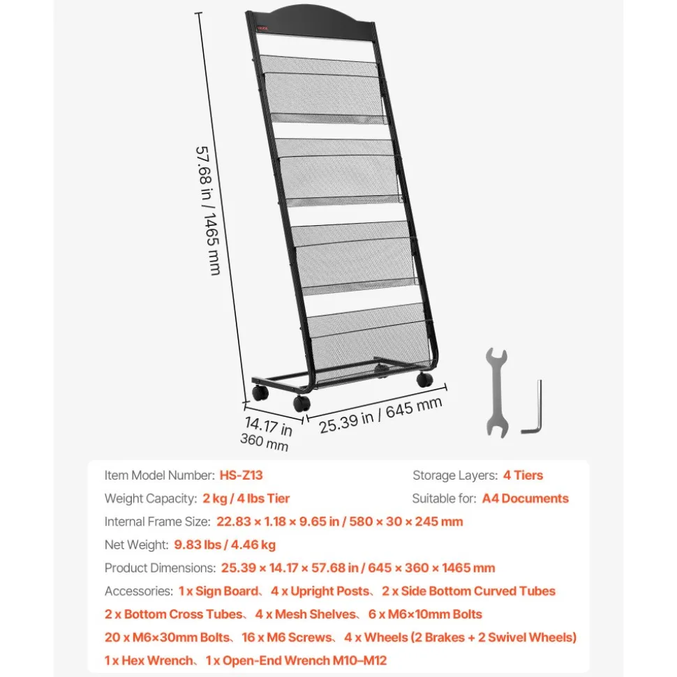 VEVOR Brochure Display Rack, 4-Tier Magazine Literature Display Stand with Wheels, Movable Floor Standing Magazine Rack, Heavy Duty Newspaper Catalog Holders for Shop Exhibitions Office Craft Fairs