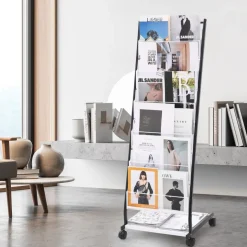 VEVOR Brochure Display Rack, 6-Tier Magazine Literature Display Stand, Floor Standing Magazine Rack Newspaper Catalog Holders, Movable with 4 Wheels (2 Lockable) for Shop Exhibitions Office, 6 Pockets