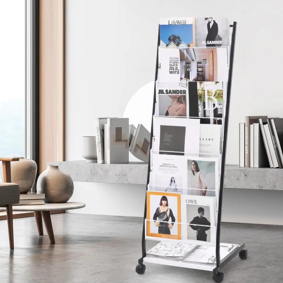 VEVOR Brochure Display Rack, 6-Tier Magazine Literature Display Stand, Floor Standing Magazine Rack Newspaper Catalog Holders, Movable with 4 Wheels (2 Lockable) for Shop Exhibitions Office, 6 Pockets