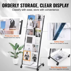 VEVOR Brochure Display Rack, 6-Tier Magazine Literature Display Stand, Floor Standing Magazine Rack Newspaper Catalog Holders, Movable with 4 Wheels (2 Lockable) for Shop Exhibitions Office, 6 Pockets