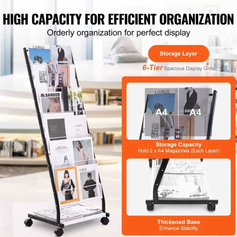 VEVOR Brochure Display Rack, 6-Tier Magazine Literature Display Stand, Floor Standing Magazine Rack Newspaper Catalog Holders, Movable with 4 Wheels (2 Lockable) for Shop Exhibitions Office, 6 Pockets