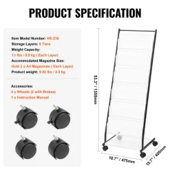 VEVOR Brochure Display Rack, 6-Tier Magazine Literature Display Stand, Floor Standing Magazine Rack Newspaper Catalog Holders, Movable with 4 Wheels (2 Lockable) for Shop Exhibitions Office, 6 Pockets