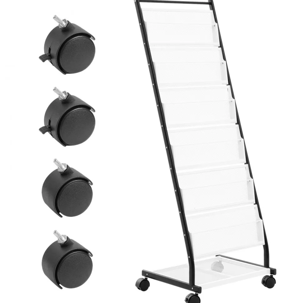 VEVOR Brochure Display Rack, 6-Tier Magazine Literature Display Stand, Floor Standing Magazine Rack Newspaper Catalog Holders, Movable with 4 Wheels (2 Lockable) for Shop Exhibitions Office, 6 Pockets
