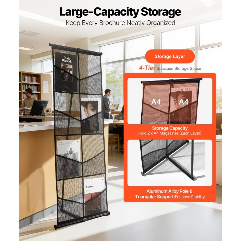 VEVOR Brochure Display Stand, 4-Tier 8 Pockets Mesh Literature Display Holder, Floor Standing Magazine Newspaper Catalog Rack, Lightweight and Portable with Carrying Bag for Shop Exhibitions Office
