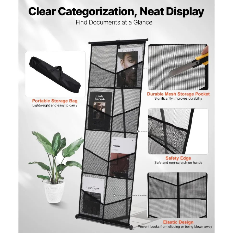 VEVOR Brochure Display Stand, 4-Tier 8 Pockets Mesh Literature Display Holder, Floor Standing Magazine Newspaper Catalog Rack, Lightweight and Portable with Carrying Bag for Shop Exhibitions Office