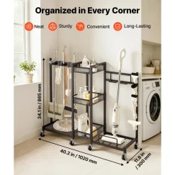 VEVOR Broom Holder with Cleaning Supplies Organizer, Metal Garage Storage, Cleaning Cart with Mop Hanger, for Home Broom, Detergent, Vacuum Cleaner, Heavy-Duty Steel Utility Holder, with Wheels, Black