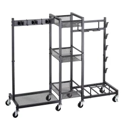VEVOR Broom Holder with Cleaning Supplies Organizer, Metal Garage Storage, Cleaning Cart with Mop Hanger, for Home Broom, Detergent, Vacuum Cleaner, Heavy-Duty Steel Utility Holder, with Wheels, Black