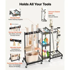 VEVOR Broom Holder with Cleaning Supplies Organizer, Metal Garage Storage, Cleaning Cart with Mop Hanger, for Home Broom, Detergent, Vacuum Cleaner, Heavy-Duty Steel Utility Holder, with Wheels, Black