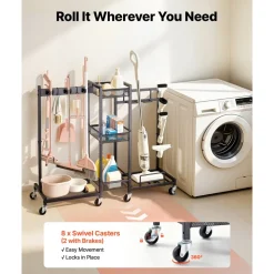 VEVOR Broom Holder with Cleaning Supplies Organizer, Metal Garage Storage, Cleaning Cart with Mop Hanger, for Home Broom, Detergent, Vacuum Cleaner, Heavy-Duty Steel Utility Holder, with Wheels, Black