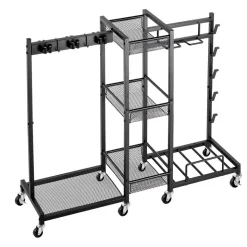 VEVOR Broom Holder with Cleaning Supplies Organizer, Metal Garage Storage, Cleaning Cart with Mop Hanger, for Home Broom, Detergent, Vacuum Cleaner, Heavy-Duty Steel Utility Holder, with Wheels, Black