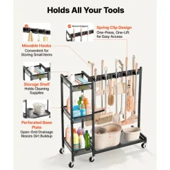 VEVOR Broom Holder with Cleaning Supplies Organizer, Garage Storage Metal, Cleaning Cart with Mop Hanger, for Home Brooms, Detergent, Brushes, Heavy-Duty Steel Utility Tool Holder, with Wheels, Black