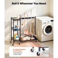 VEVOR Broom Holder with Cleaning Supplies Organizer, Garage Storage Metal, Cleaning Cart with Mop Hanger, for Home Brooms, Detergent, Brushes, Heavy-Duty Steel Utility Tool Holder, with Wheels, Black
