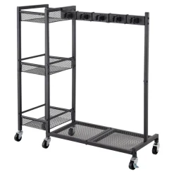 VEVOR Broom Holder with Cleaning Supplies Organizer, Garage Storage Metal, Cleaning Cart with Mop Hanger, for Home Brooms, Detergent, Brushes, Heavy-Duty Steel Utility Tool Holder, with Wheels, Black
