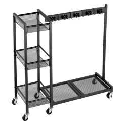 VEVOR Broom Holder with Cleaning Supplies Organizer, Garage Storage Metal, Cleaning Cart with Mop Hanger, for Home Brooms, Detergent, Brushes, Heavy-Duty Steel Utility Tool Holder, with Wheels, Black