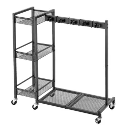 VEVOR Broom Holder with Cleaning Supplies Organizer, Garage Storage Metal, Cleaning Cart with Mop Hanger, for Home Brooms, Detergent, Brushes, Heavy-Duty Steel Utility Tool Holder, with Wheels, Black