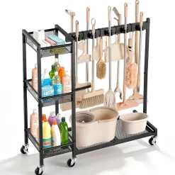 VEVOR Broom Holder with Cleaning Supplies Organizer, Garage Storage Metal, Cleaning Cart with Mop Hanger, for Home Brooms, Detergent, Brushes, Heavy-Duty Steel Utility Tool Holder, with Wheels, Black