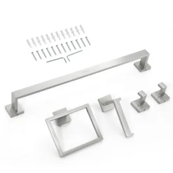 VEVOR Brushed Nickel Bathroom Hardware Set, 5 Pieces Bathroom Accessories Set, Stainless Steel 24 inch Towel Bar, Towel Rack, 2 Robe Towel Hooks, Toilet Paper Holder for Bath Room, Wall Mounted
