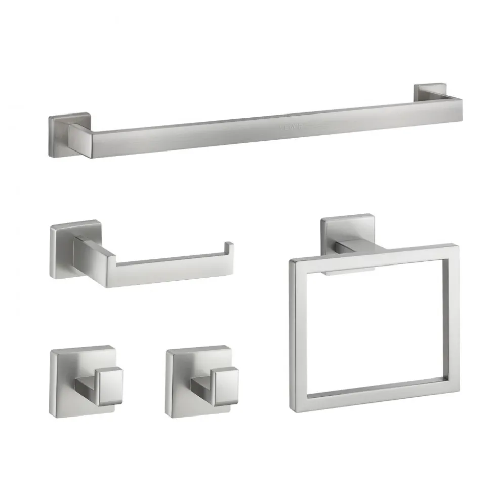 VEVOR Brushed Nickel Bathroom Hardware Set, 5 Pieces Bathroom Accessories Set, Stainless Steel 24 inch Towel Bar, Towel Rack, 2 Robe Towel Hooks, Toilet Paper Holder for Bath Room, Wall Mounted
