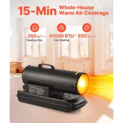 VEVOR 45000 BTU Forced Air Kerosene Diesel Heater, Portable Torpedo Space Heater with Handle, Blower-Type for Jobsite/Garage/Warehouse/Workshop Construction /Outdoor Heating,Black