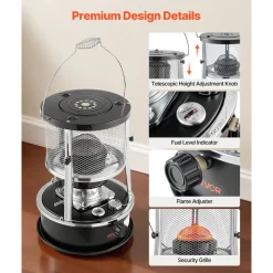 VEVOR 9000 BTU Portable Kerosene Heater & Stove, 2 in 1 Non-Electric Indoor Outdoor Heater with Adjustable Height & Flame & Easy Storage,for Camping, Hunting, Cooking, Home, Garage, Black